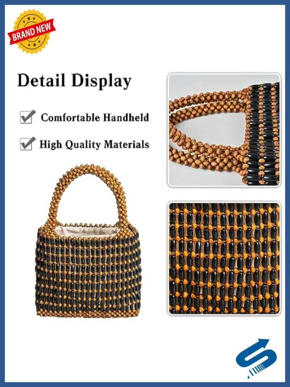 Handwoven Wooden Bead Tote Bag with Drawstring - Boho Mini Beach Shoulder Bag